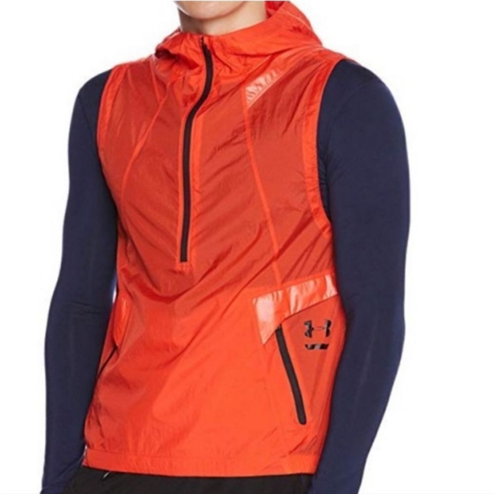 NWT Under Armour Mens XL Orange Hooded 1/2 Zip Windbreaker Vest Lightweight